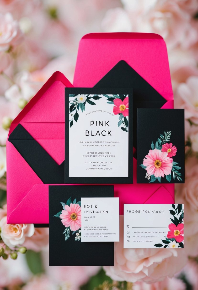 A hot pink and black wedding invitation suite with elegant floral designs and modern typography