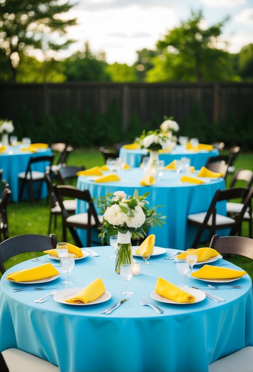 Sky blue tablecloths with yellow napkins on outdoor wedding tables