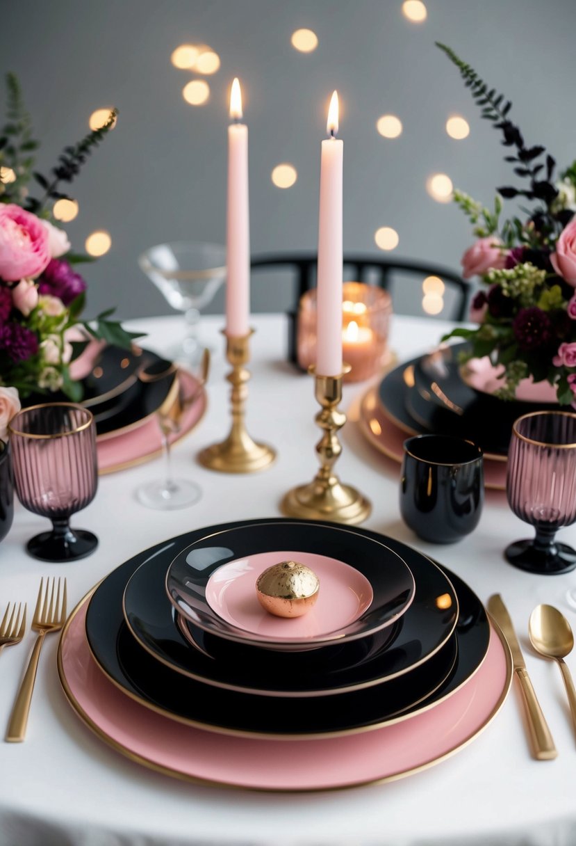 A table set with elegant black and pink dinnerware, surrounded by matching floral arrangements and candles