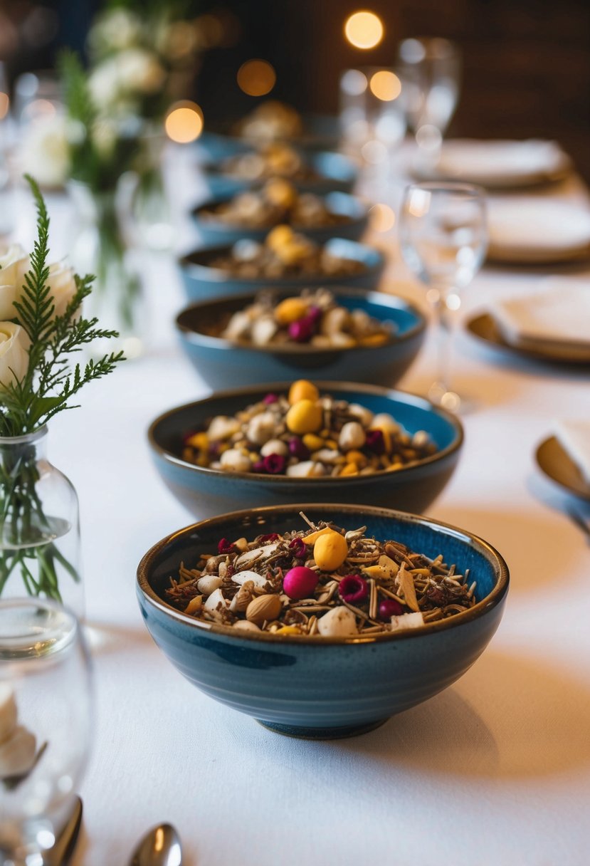 Handmade ceramic bowls filled with potpourri adorn wedding tables