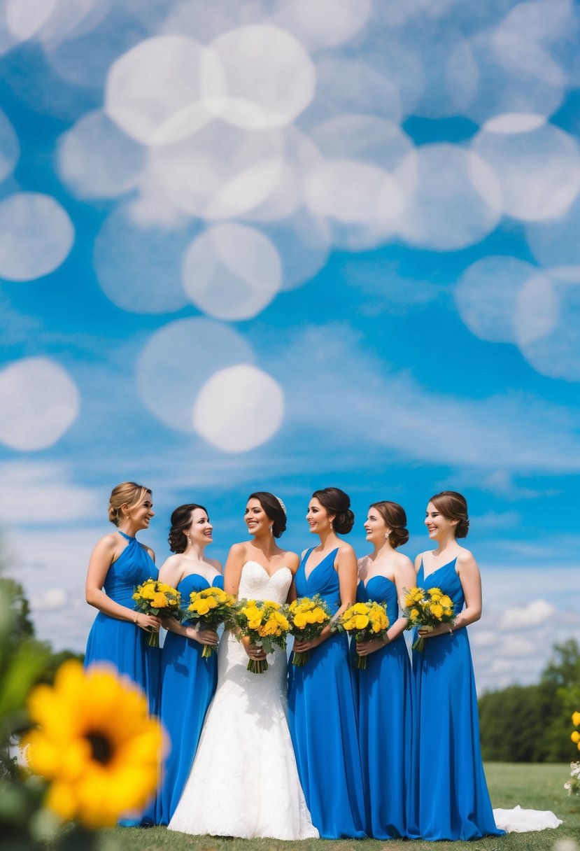 Blue bridesmaid dresses with yellow bouquets against a sky blue backdrop