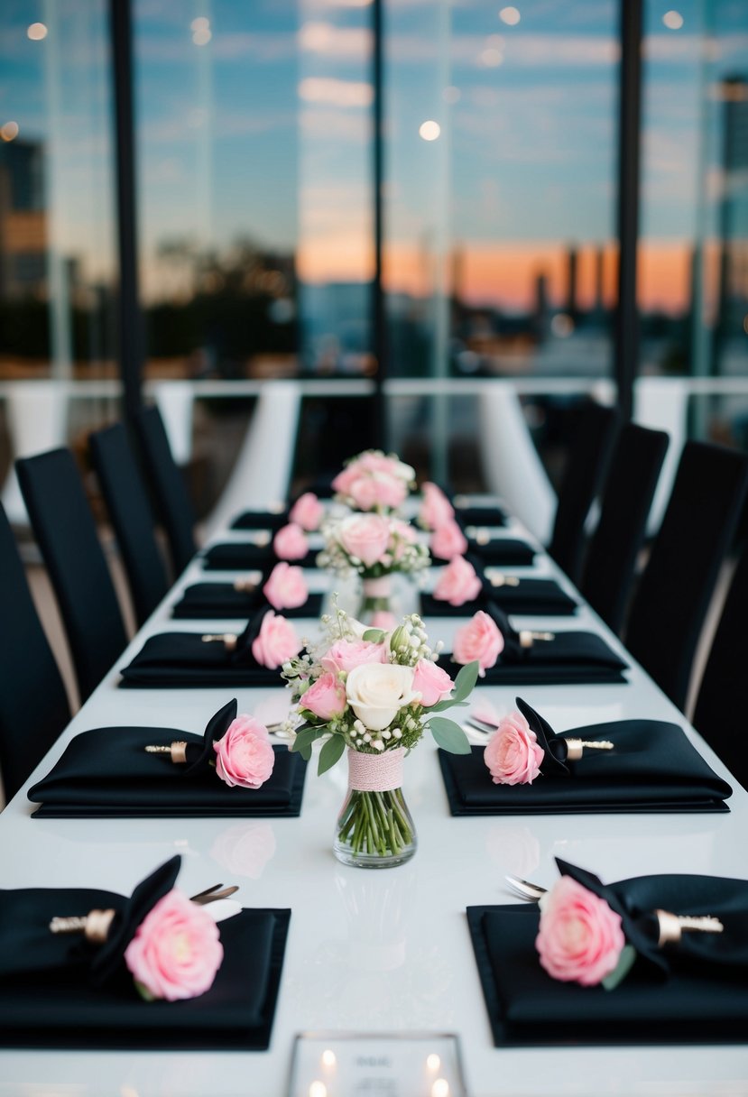 Black suits with pink boutonnieres arranged on a sleek, modern wedding table