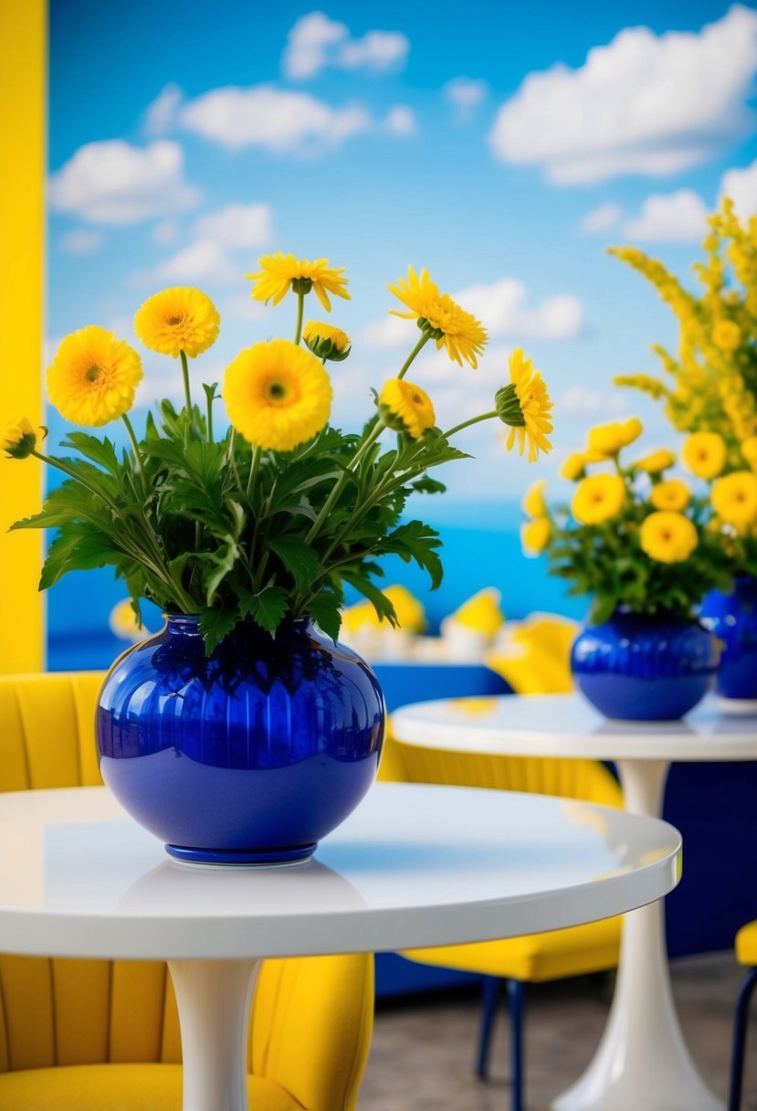 Yellow flowers in blue vases on tables, set against a backdrop of sky blue and yellow decor