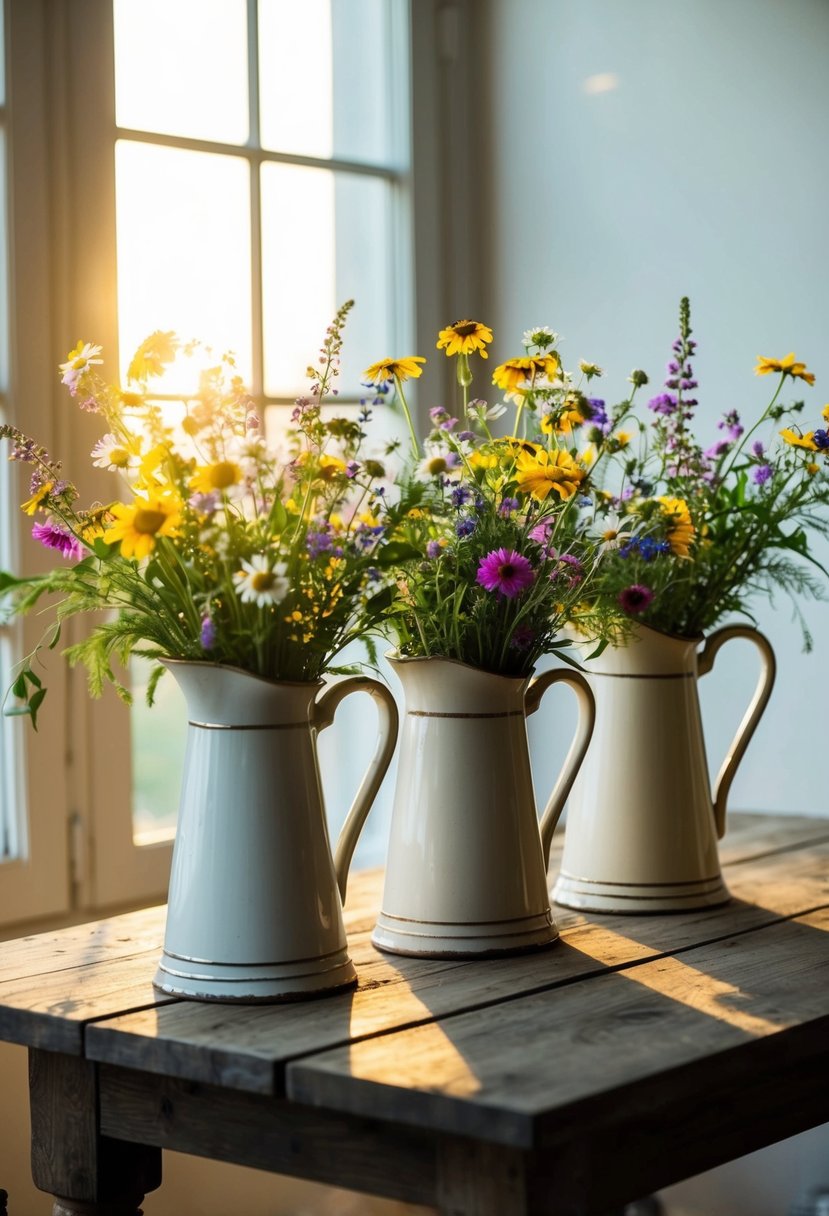 Vintage pitchers filled with wildflowers sit atop a rustic wooden table. Sunlight streams through the window, casting a warm glow on the charming centerpiece