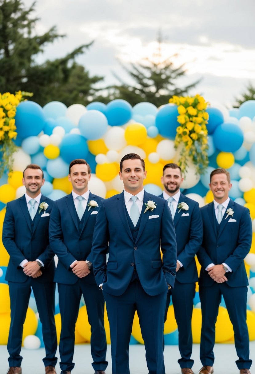 A groom and groomsmen in navy blue suits stand against a backdrop of sky blue and yellow wedding decor