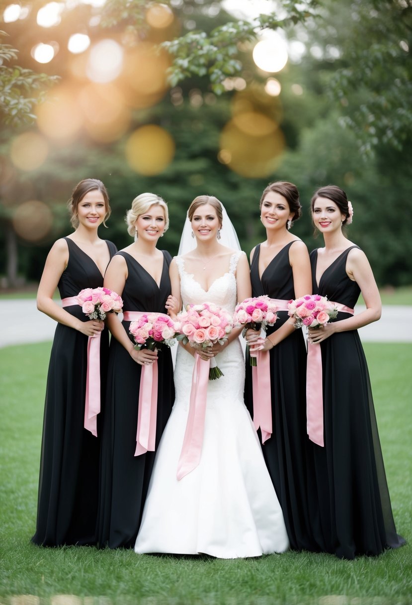 Bridesmaids in black dresses with pink sashes stand in a row, holding bouquets of pink flowers