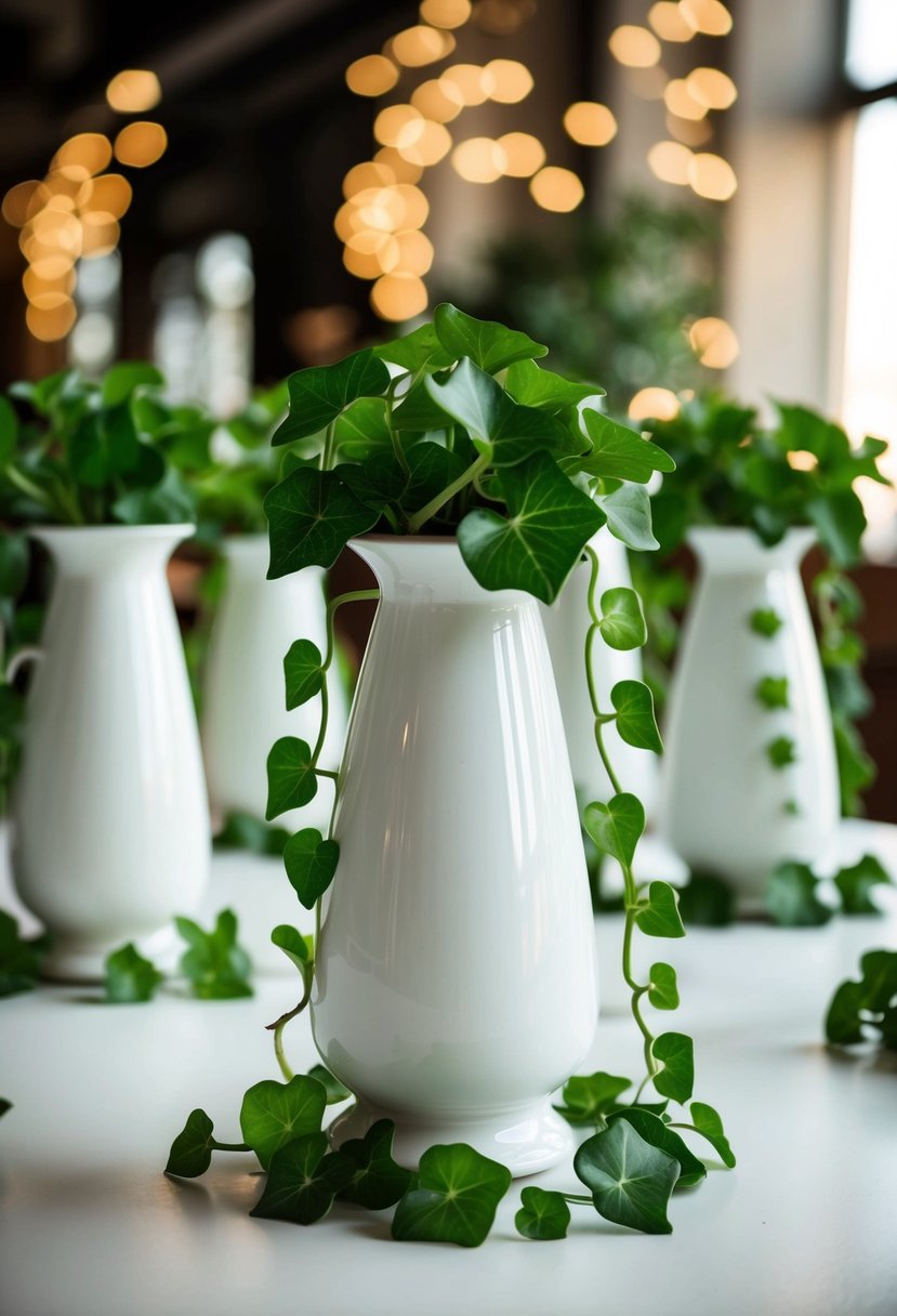 White ceramic vases with ivy runners arranged on a table