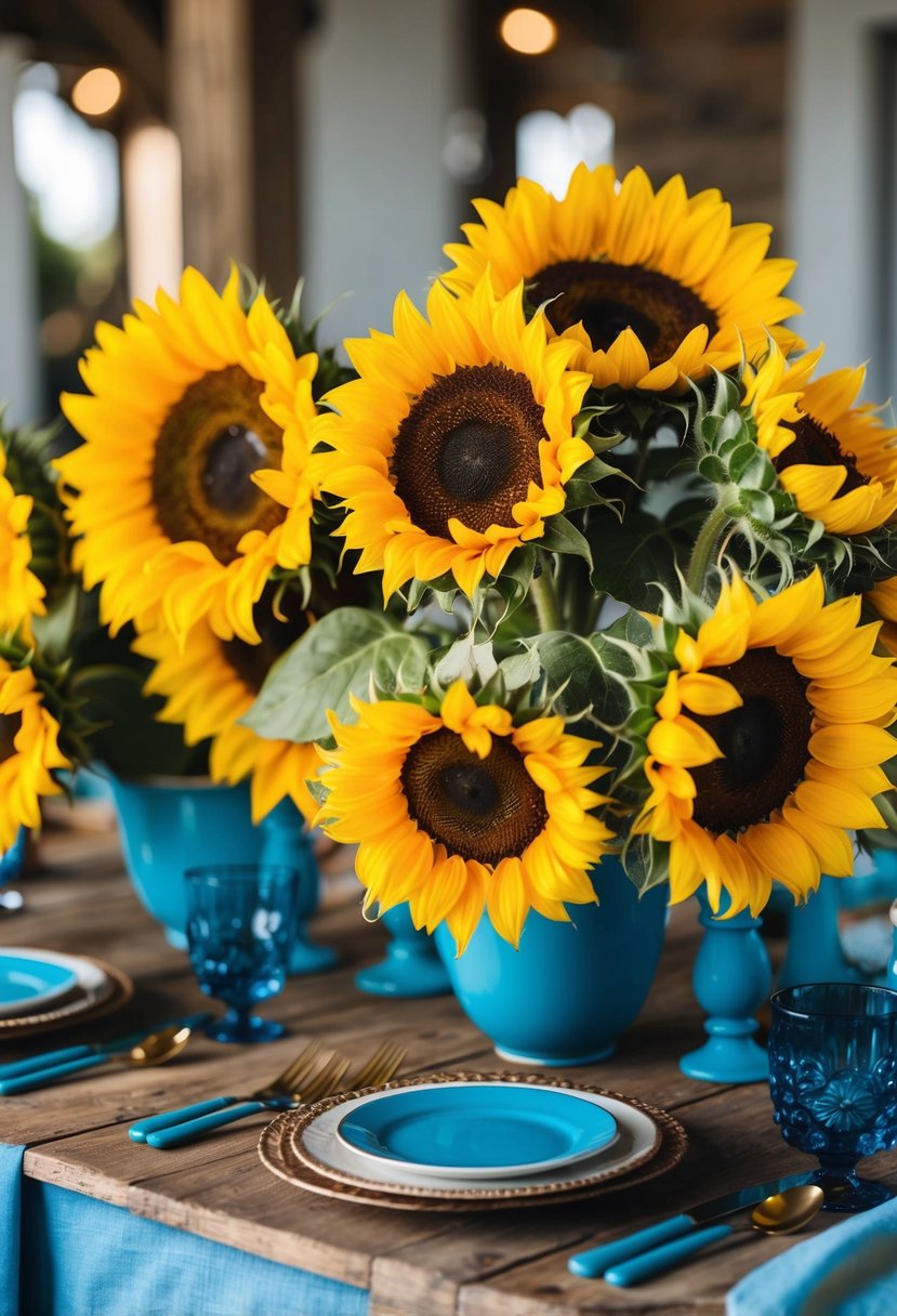 A rustic table adorned with sunflower arrangements in sky blue and yellow