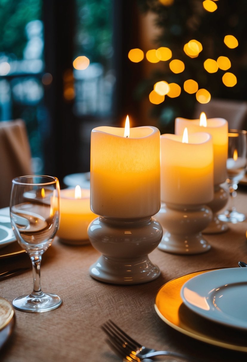 Ceramic candleholders glow softly, casting warm light on a cozy wedding table setting