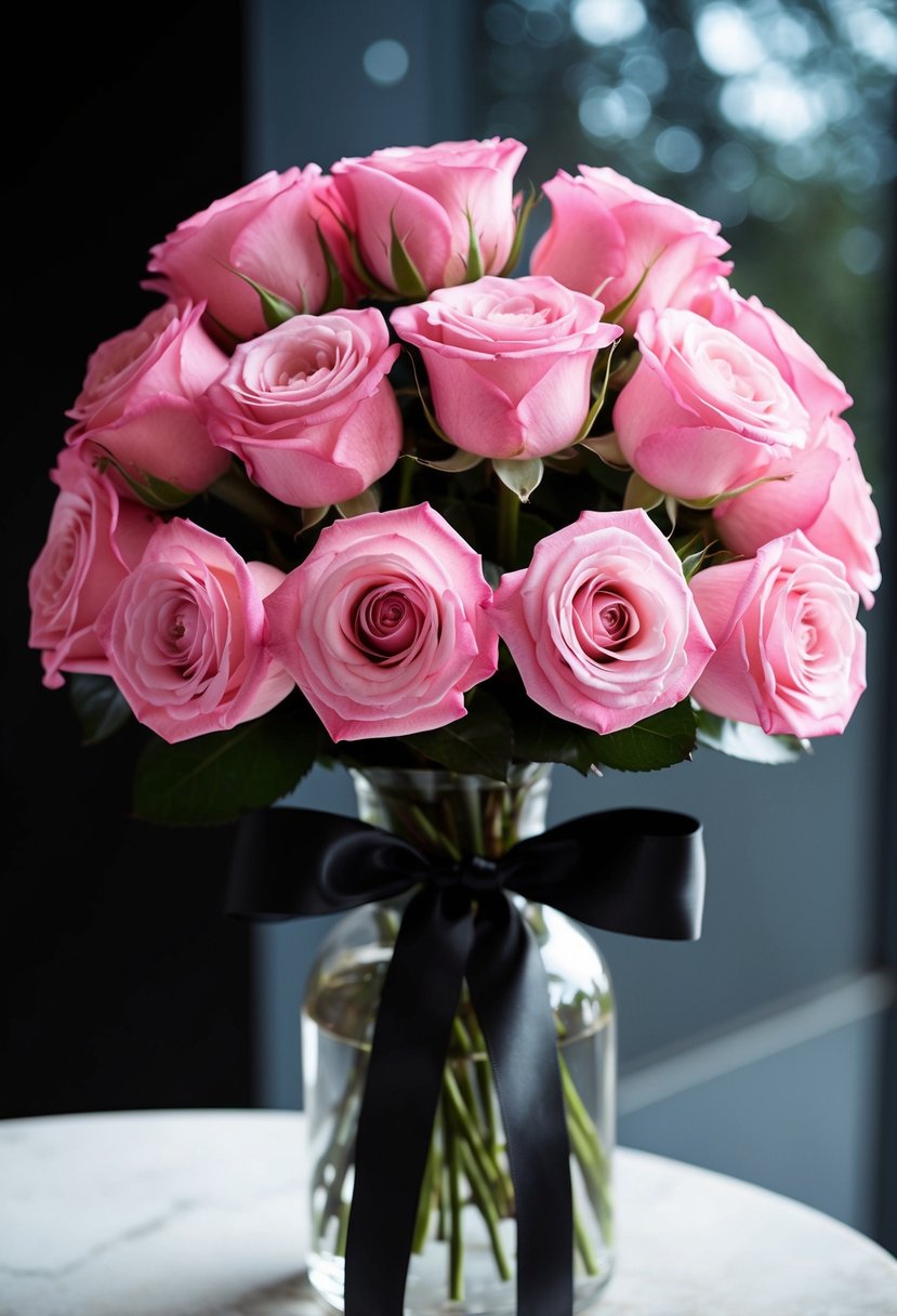 A bouquet of pink roses tied with a black ribbon, set against a dark background