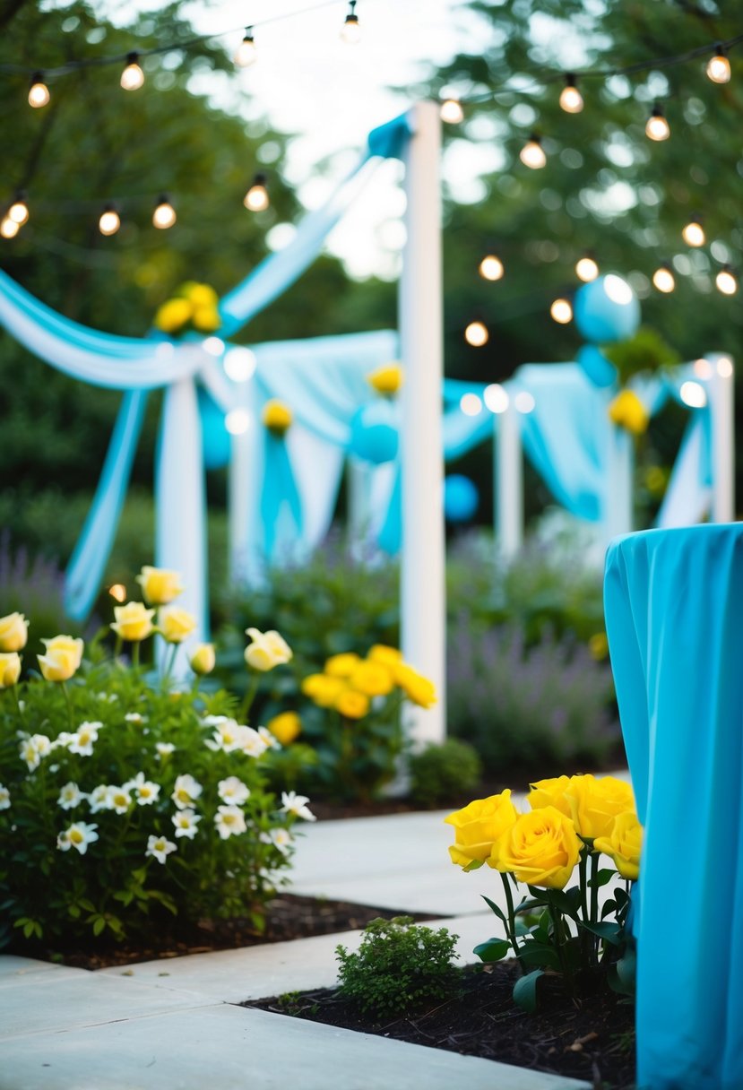 A serene garden with pale blue lighting, featuring sky blue and yellow wedding decor