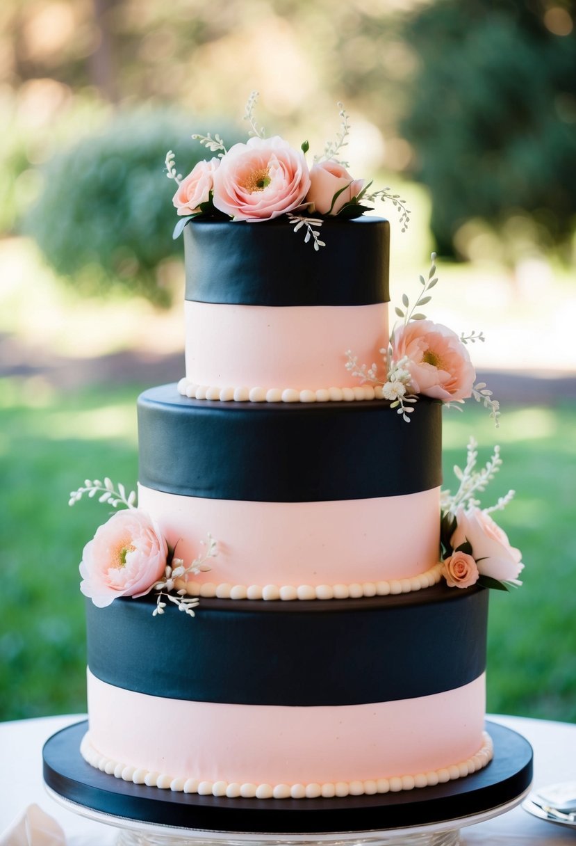 A three-tiered wedding cake with black and pink frosting, adorned with delicate floral designs and elegant swirls