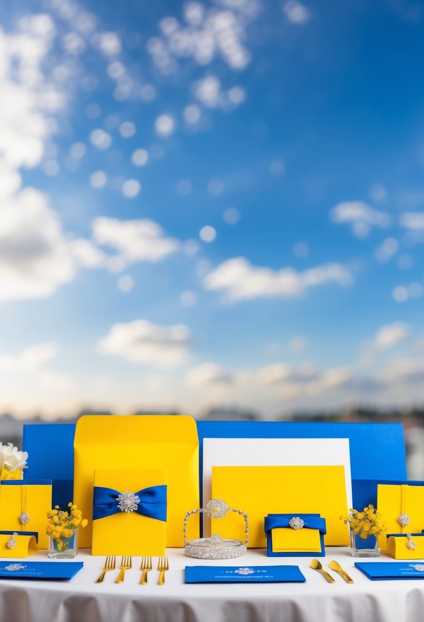 Yellow and blue stationery arranged on a table with sky blue and yellow wedding decor ideas