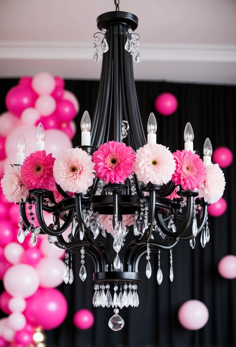 A black chandelier adorned with pink flowers, set against a backdrop of black and pink wedding decor