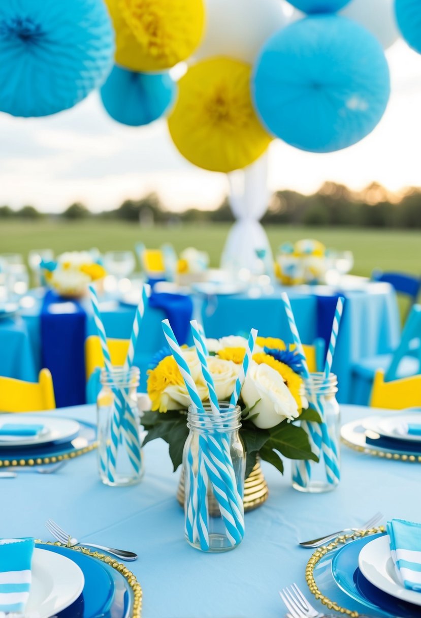 A table set with sky blue and white striped straws, surrounded by sky blue and yellow wedding decor