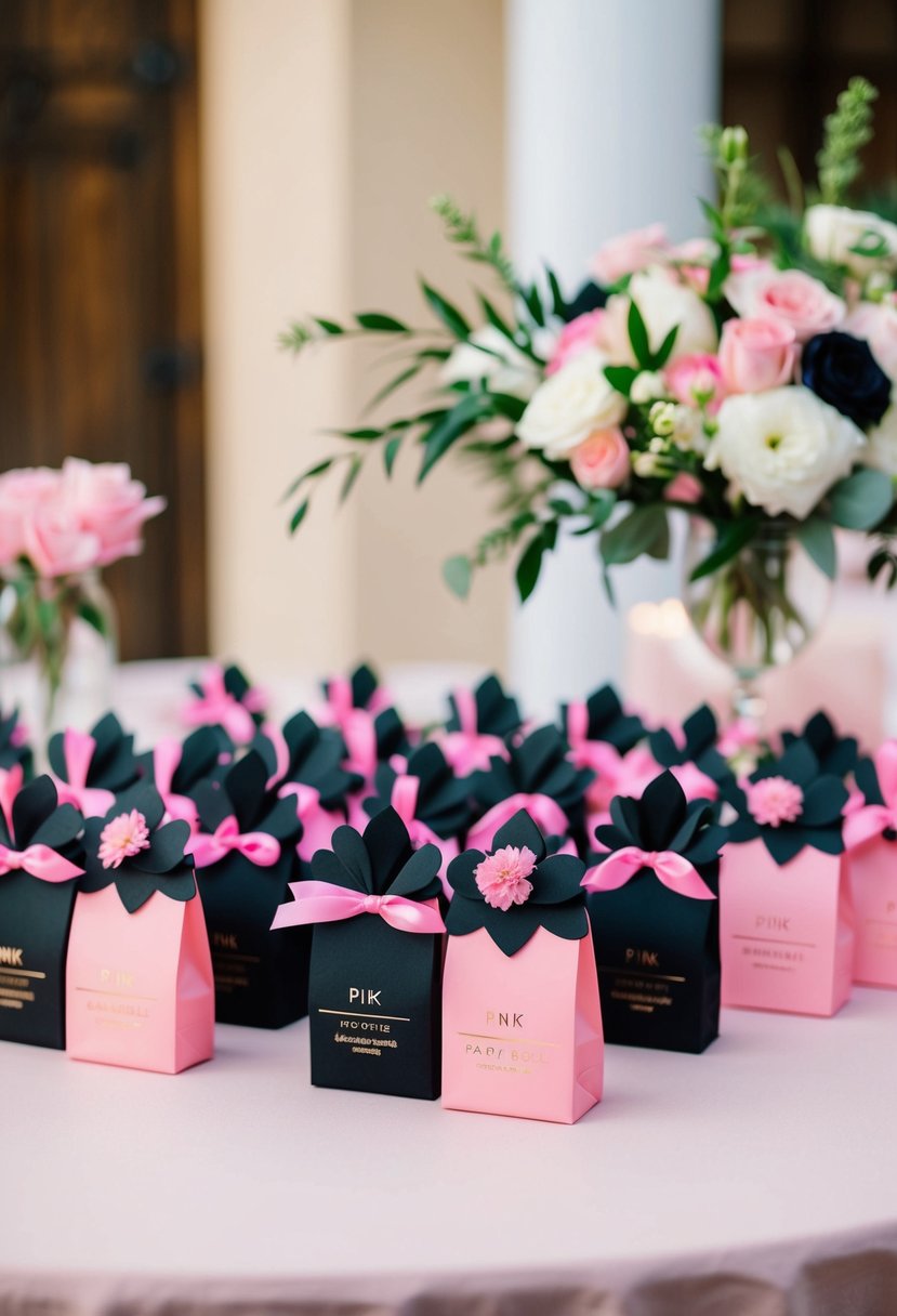 Pink and black themed wedding favors arranged on a table with coordinating decor and floral accents