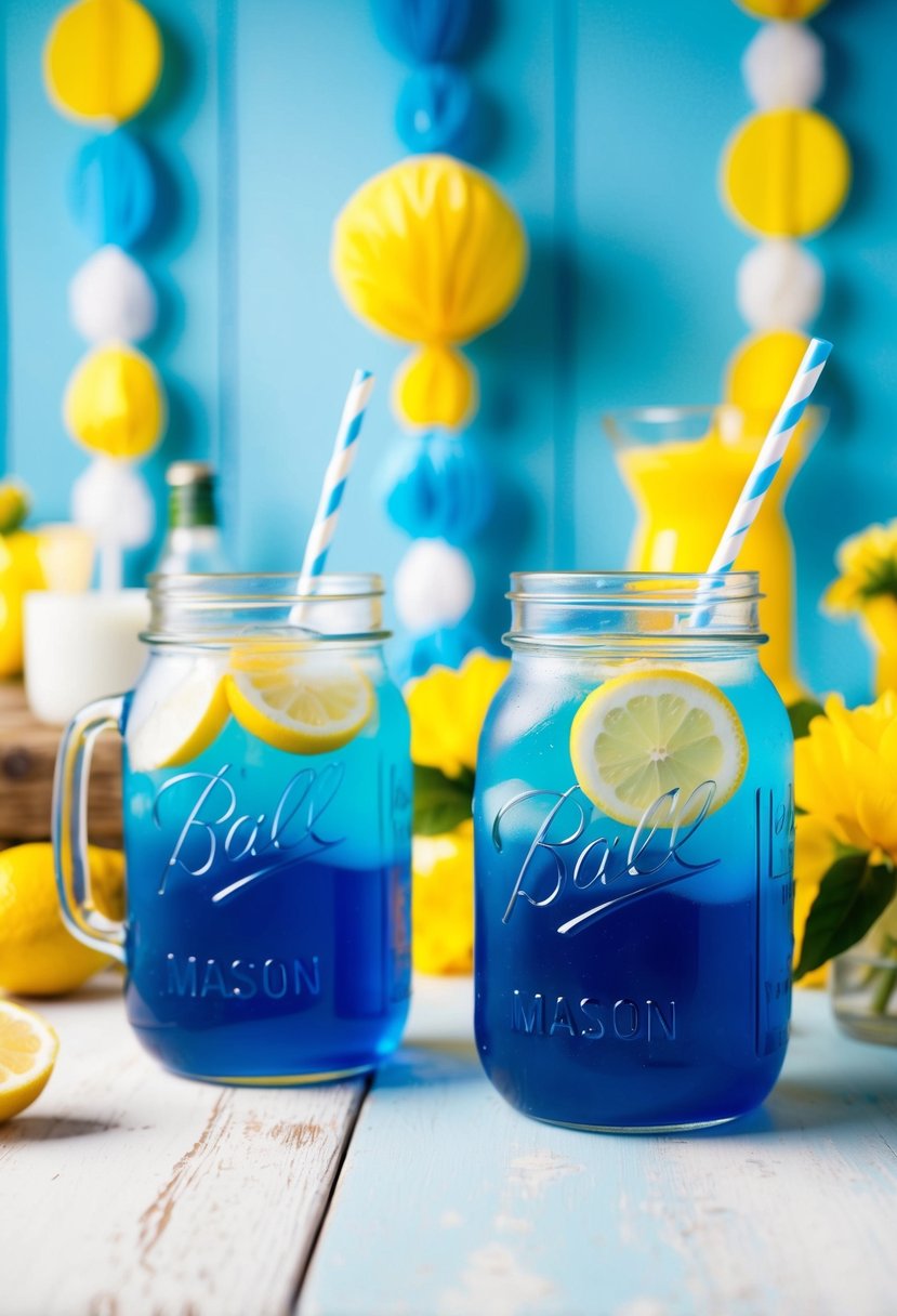 Two blue mason jars filled with lemonade, set against a backdrop of sky blue and yellow wedding decor