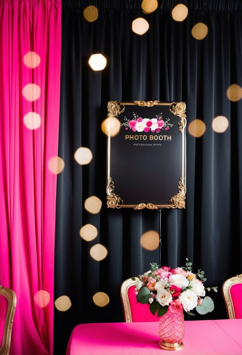 A hot pink and black photo booth backdrop with elegant wedding decor