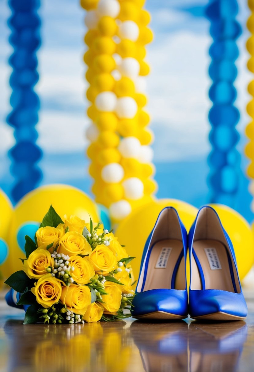 A pair of blue shoes with a vibrant yellow bouquet placed next to them, set against a backdrop of sky blue and yellow wedding decorations