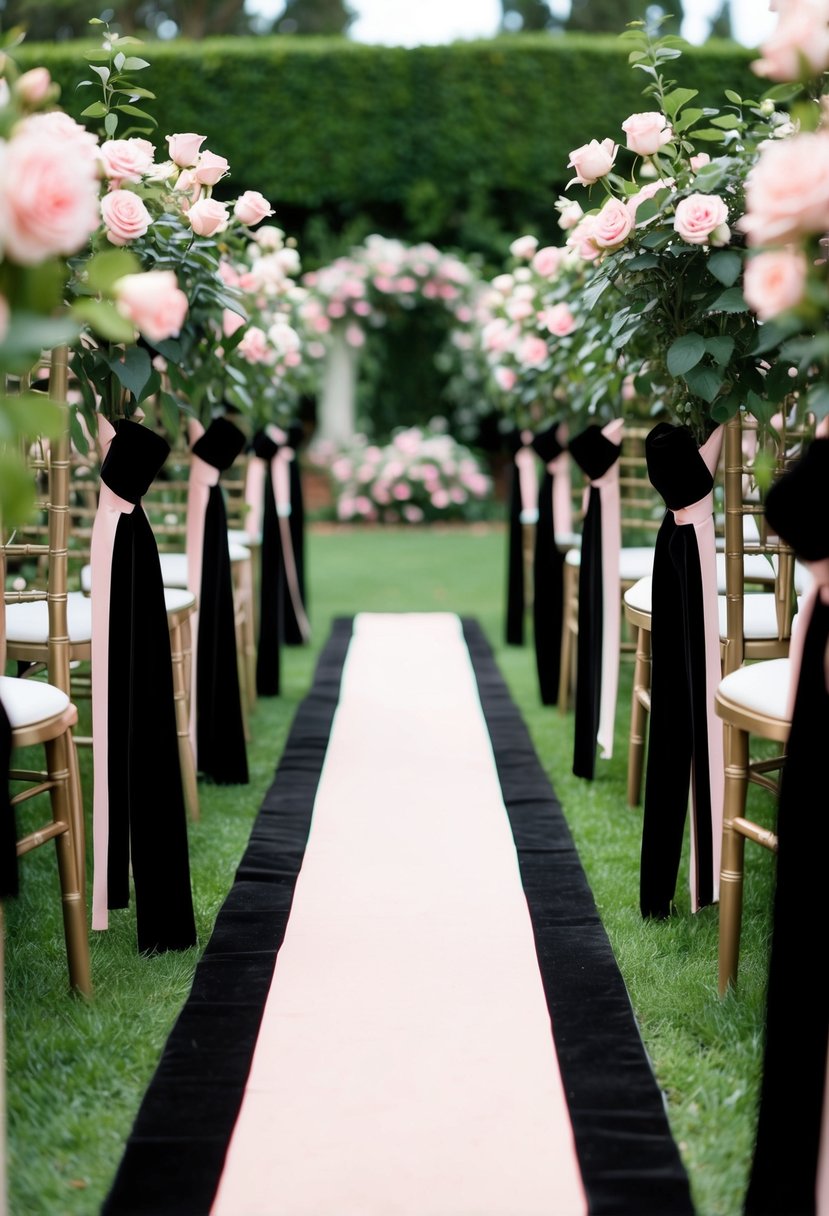 A black and pink ceremony aisle runner leading through a garden with blooming pink roses and black velvet ribbons intertwined with the foliage