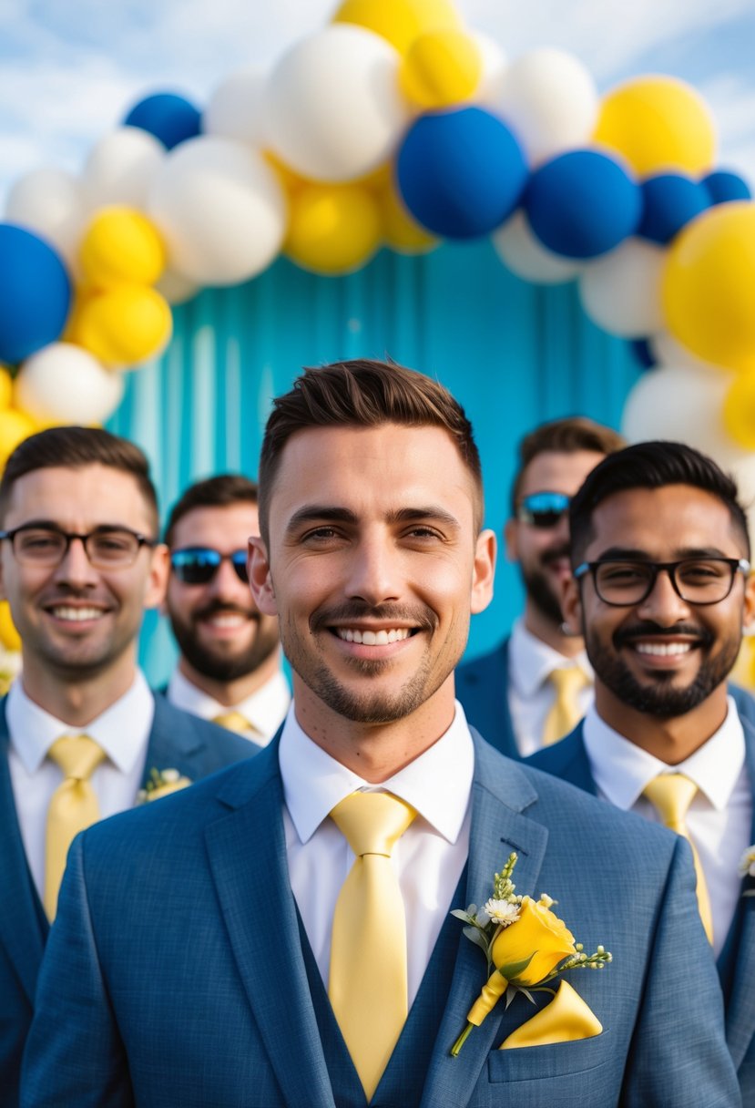 A group of groomsmen wearing yellow ties against a backdrop of sky blue and yellow wedding decorations