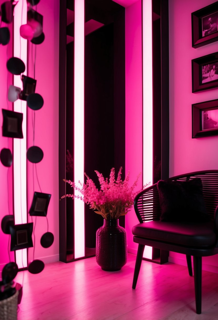 A dimly lit room with pink lighting, featuring black decor accents throughout