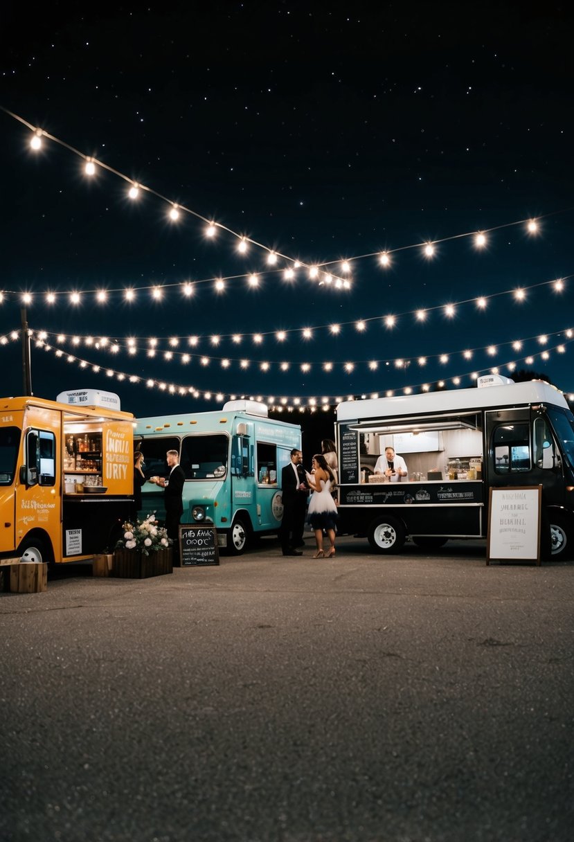 A bustling food truck park under the stars, with twinkling lights and a variety of gourmet trucks serving up late-night wedding treats