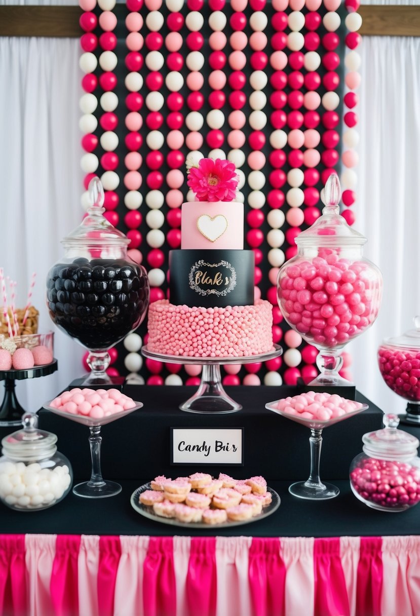 A black and pink candy bar arranged with wedding decor and treats