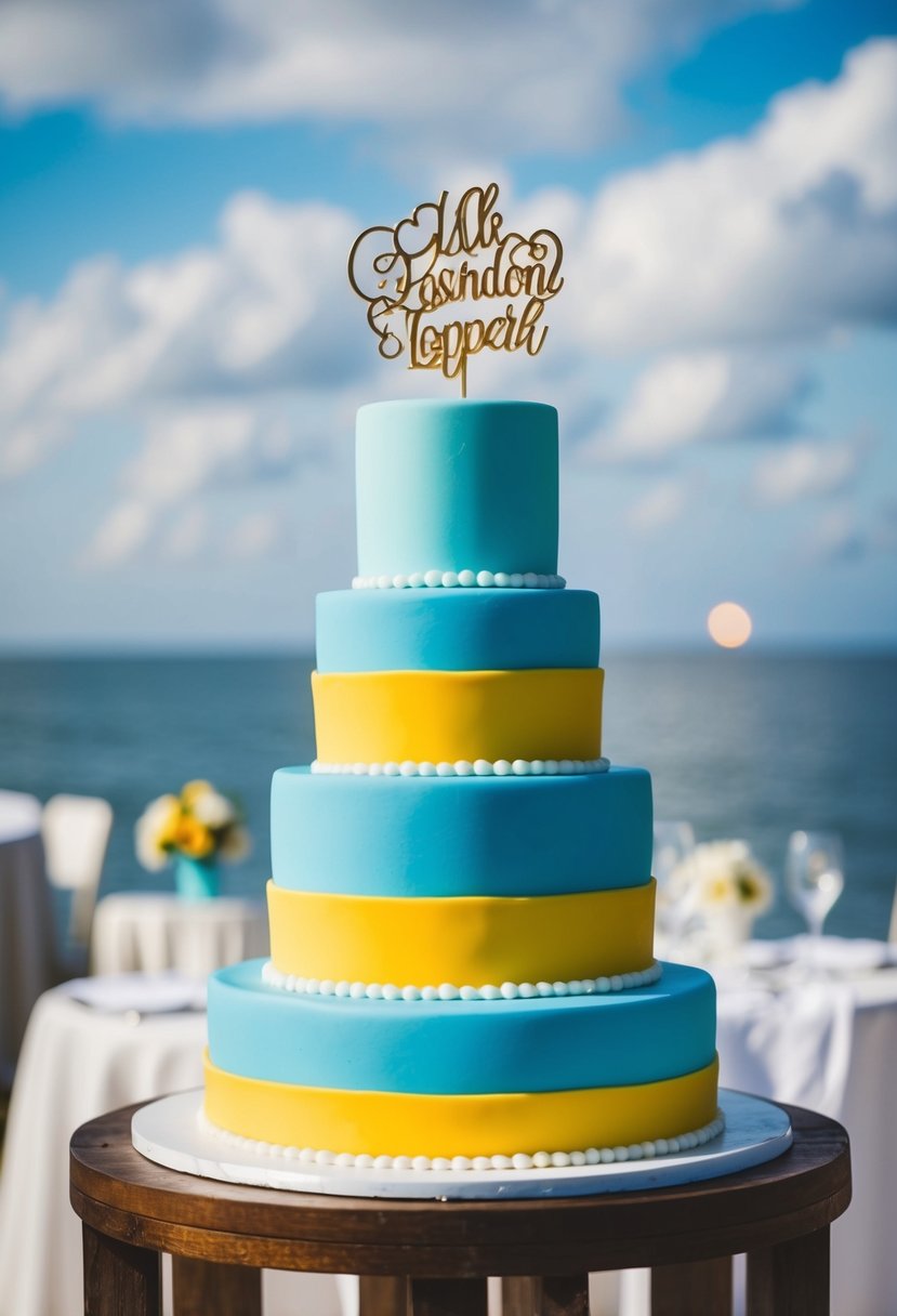 A sky blue and yellow wedding cake with matching toppers