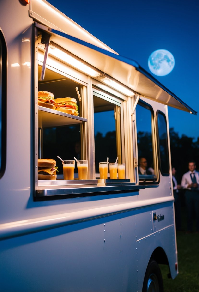 A food truck window serves up grilled cheese sandwiches and tomato soup shots under the moonlit sky at a late-night wedding reception