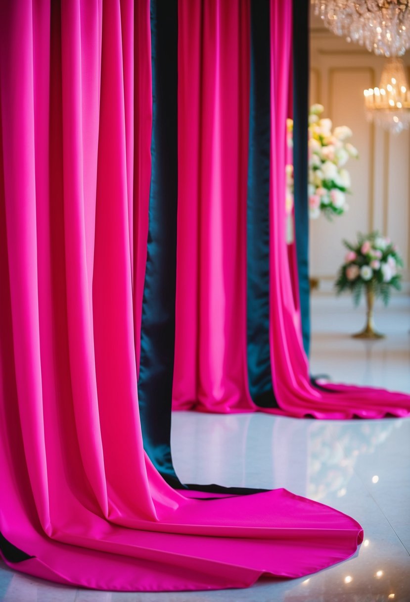 Hot pink drapery with bold black trim cascading in a luxurious wedding setting