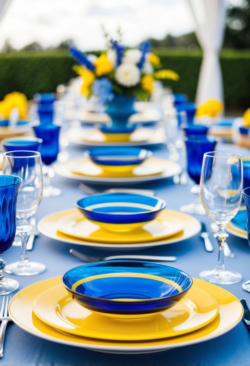 Blue glassware and yellow plates set on a table. Sky blue and yellow decor accents for a wedding