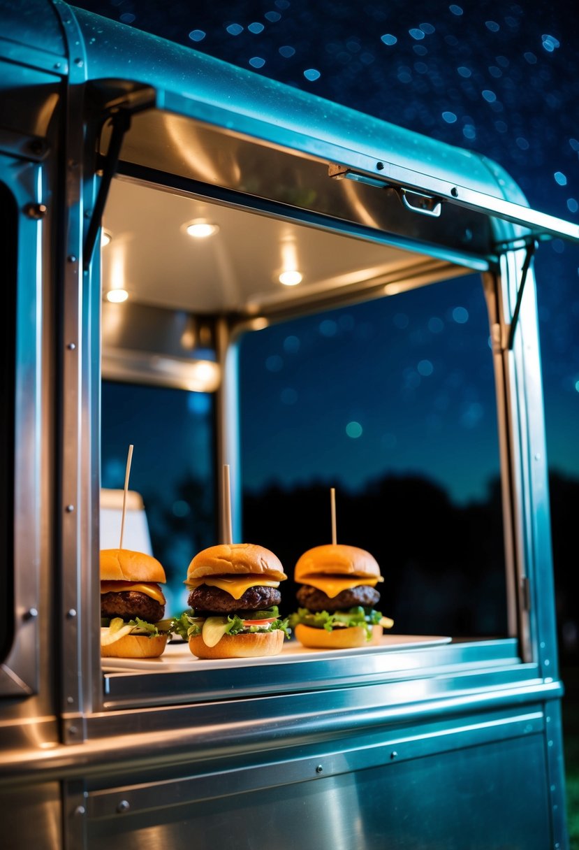 A food truck window serves mini burger sliders with pickle chips under a starry night sky at a late-night wedding