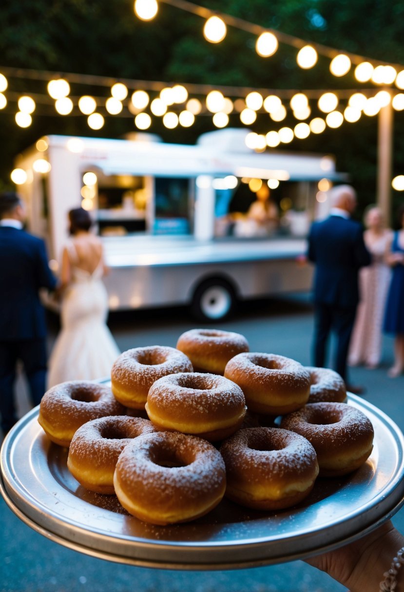 A food truck serving sweet and savory donut bites under twinkling lights at a late-night wedding