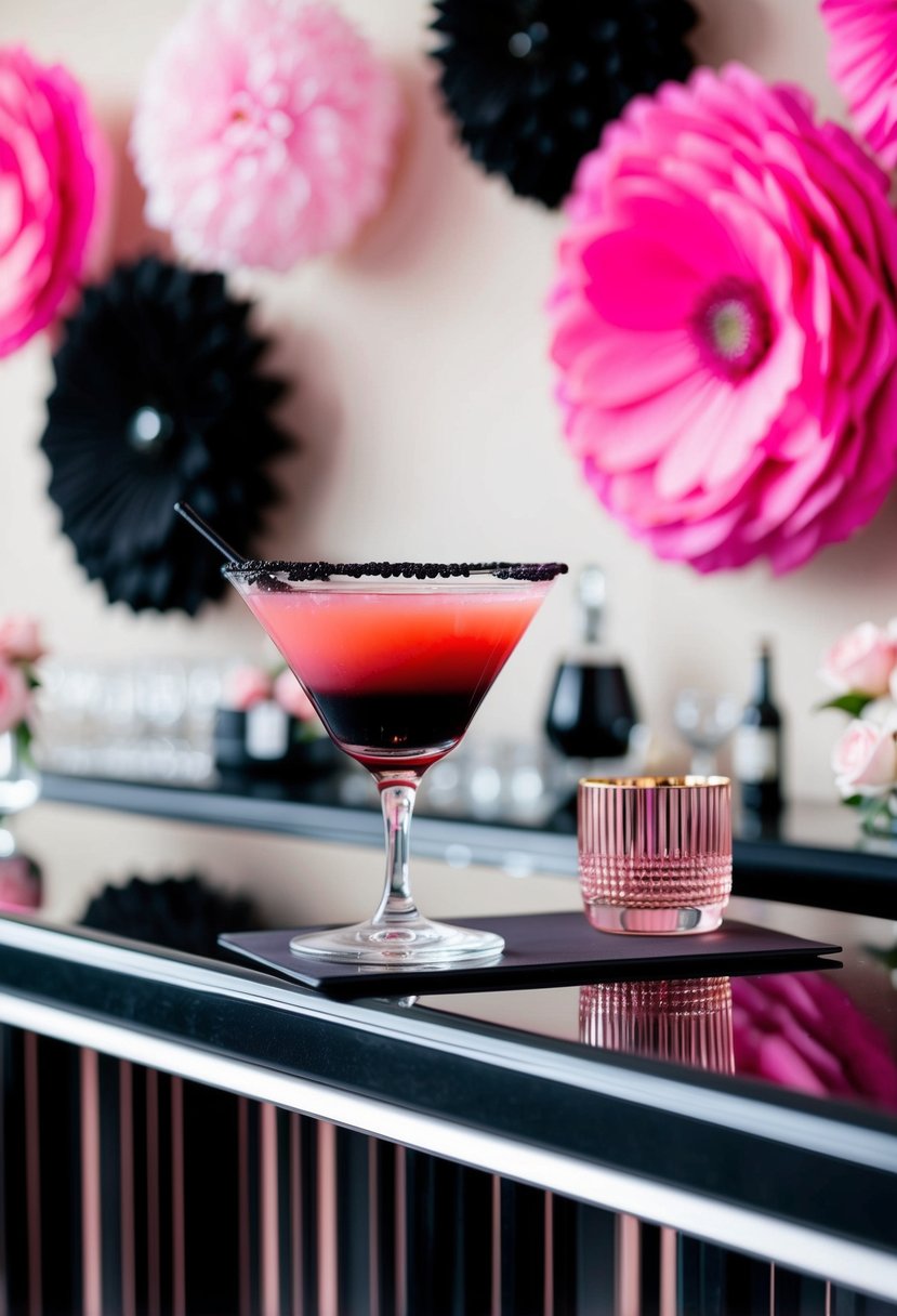 A pink and black signature cocktail sits on a sleek, modern bar, surrounded by elegant black and pink wedding decor