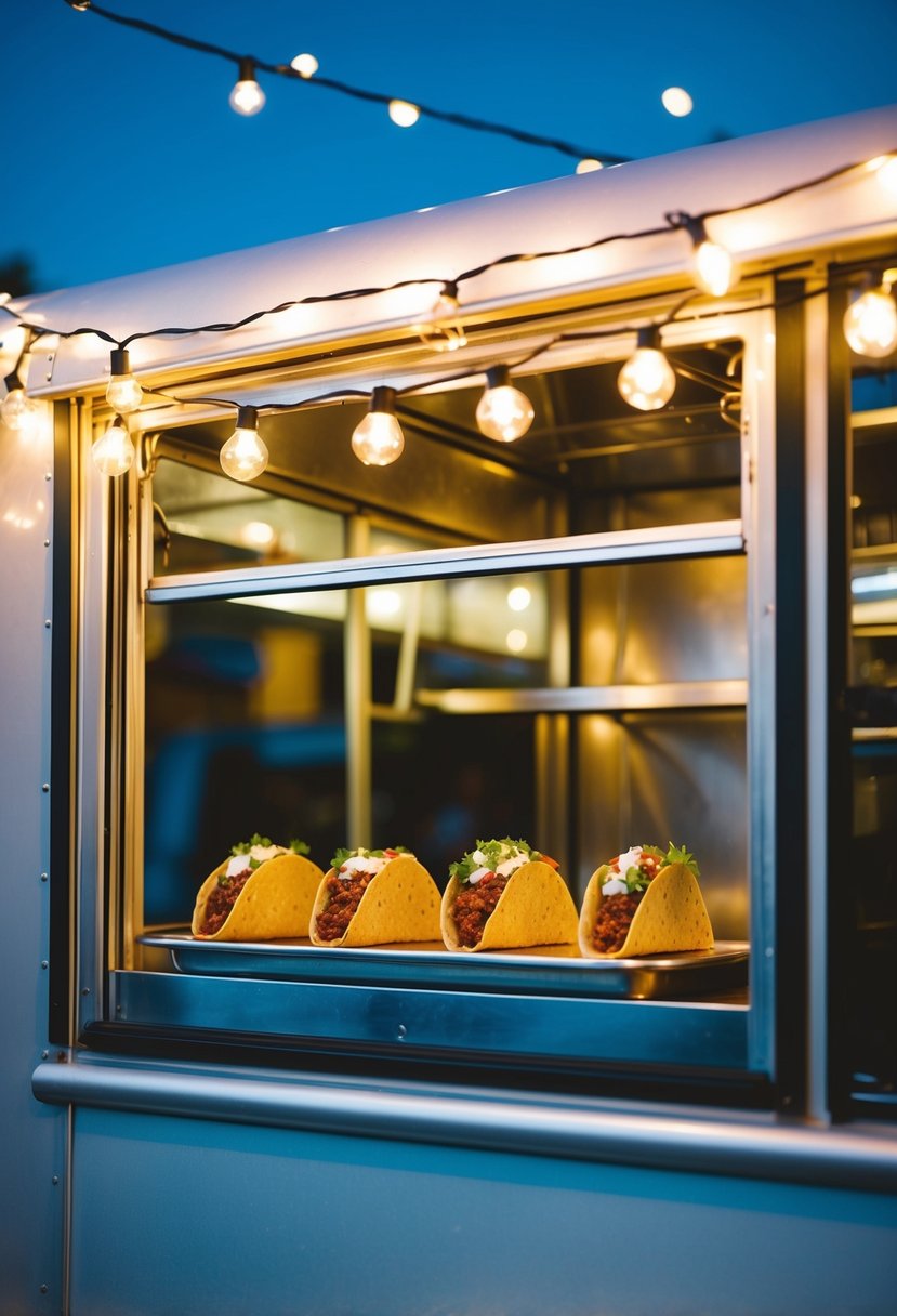 A food truck window serves up taco bites with fresh salsa under twinkling string lights at a late-night wedding celebration