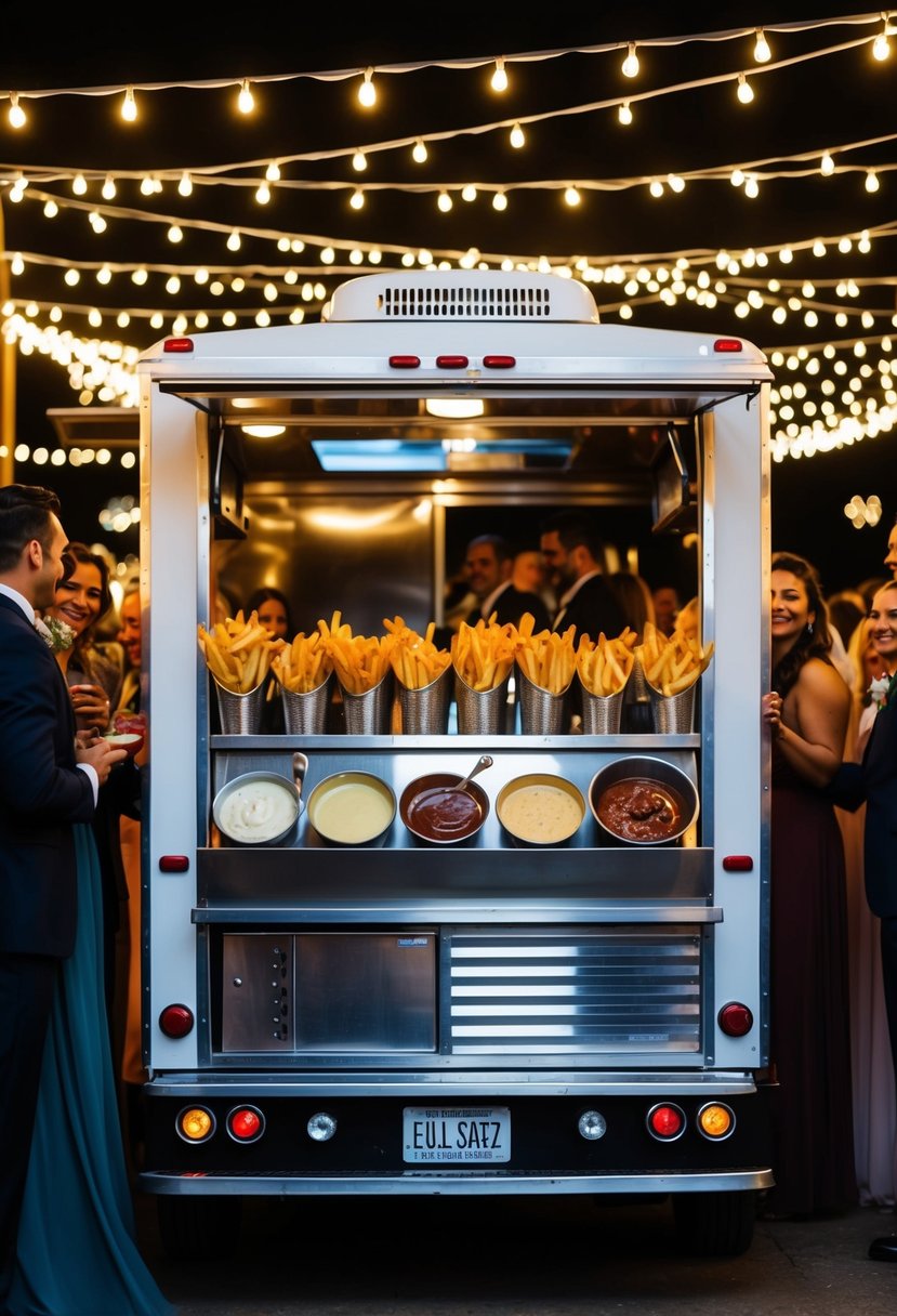 A food truck with gourmet French fries and various dipping sauces, surrounded by a festive late-night wedding crowd