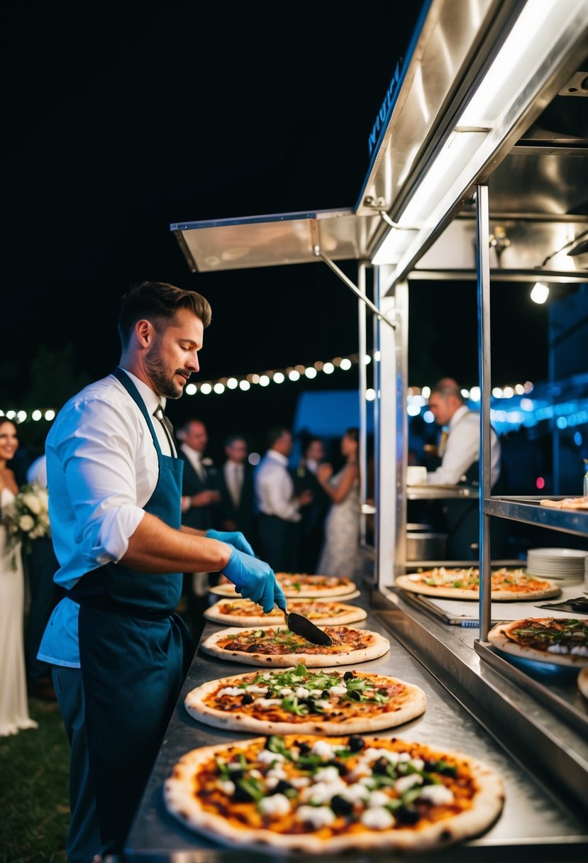 A food truck with personal pizzas being prepared and topped with a variety of ingredients, set against the backdrop of a late night wedding celebration