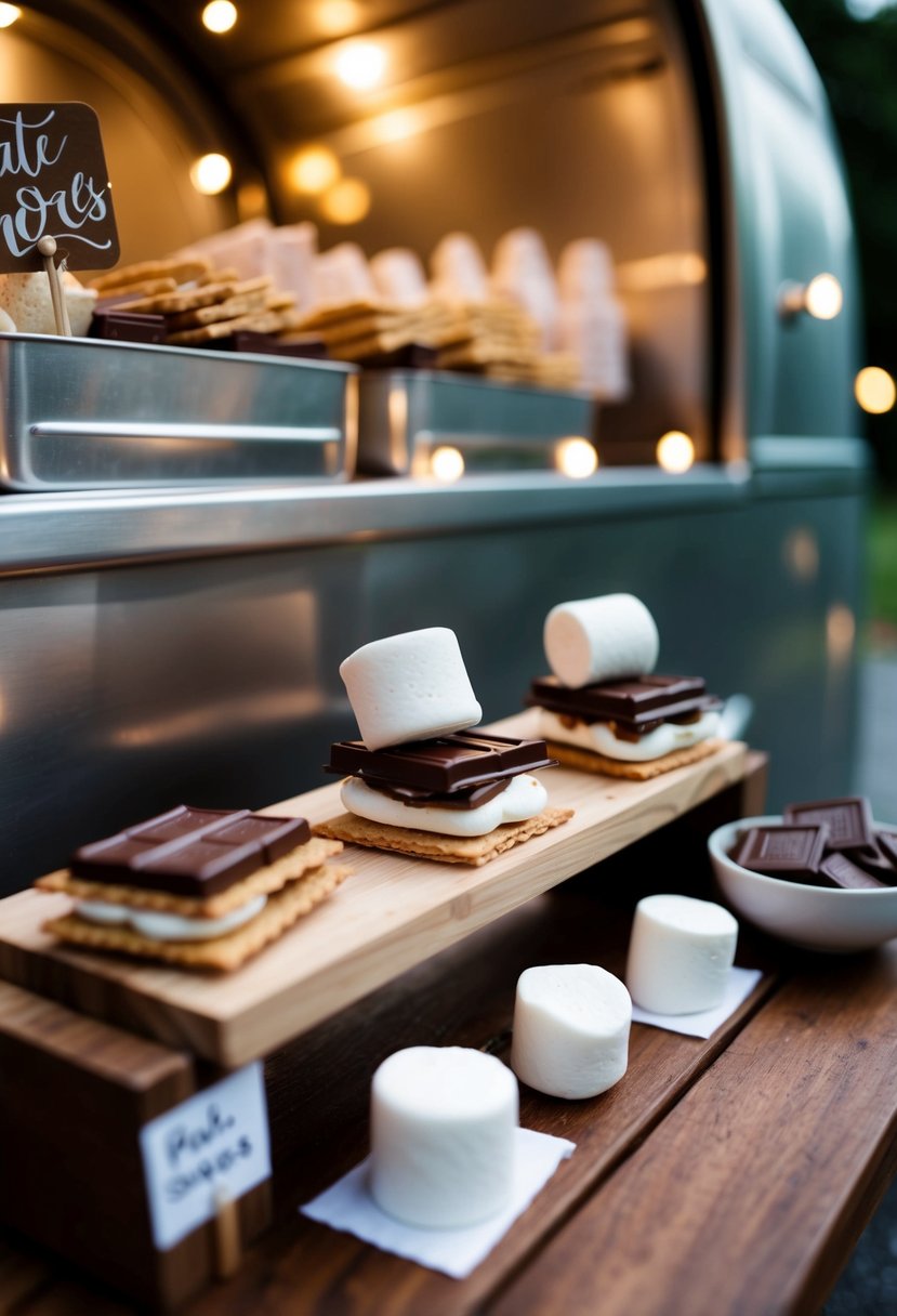 A cozy food truck set up with a s'mores station, featuring marshmallows, chocolate, and graham crackers for late-night wedding treats