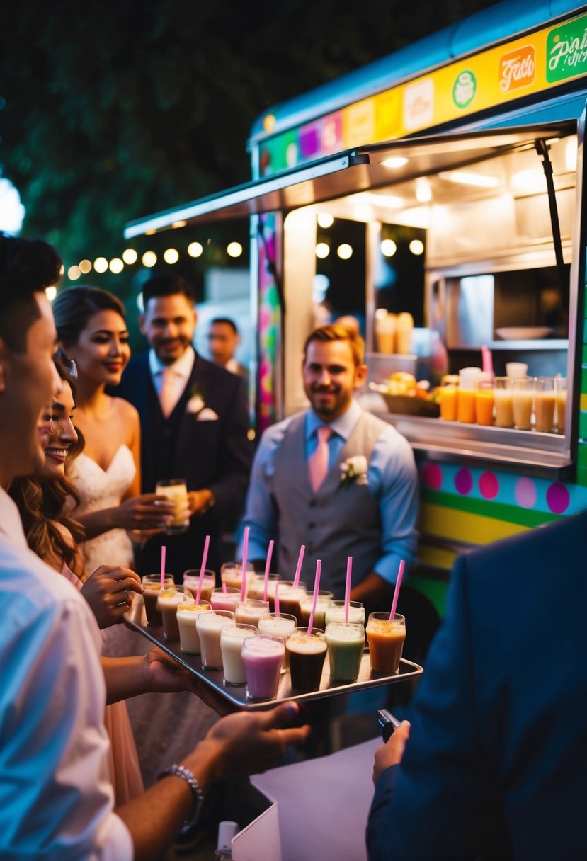 A food truck serves milkshake shots in various flavors at a late-night wedding. Customers gather around, choosing from the colorful array of mini drinks