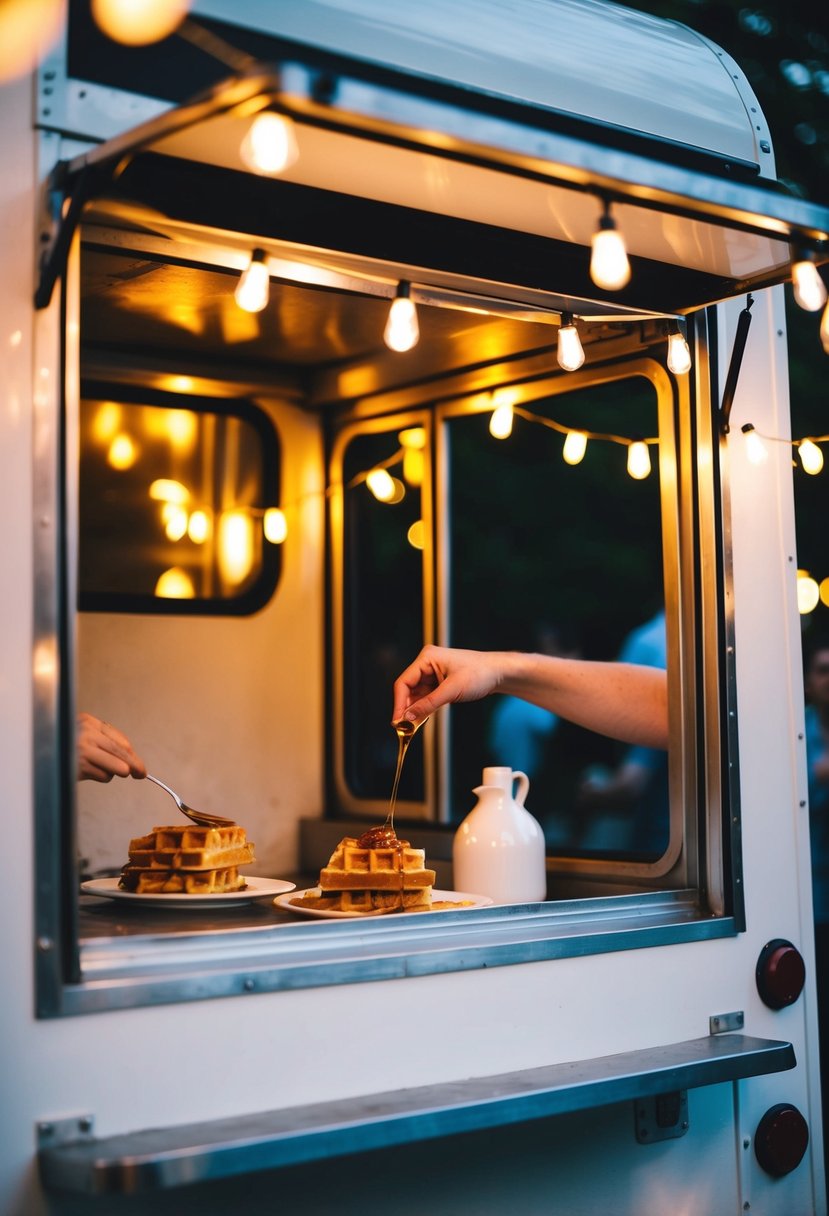 A food truck window serves up waffle bites drizzled with maple syrup under the soft glow of string lights at a late-night wedding