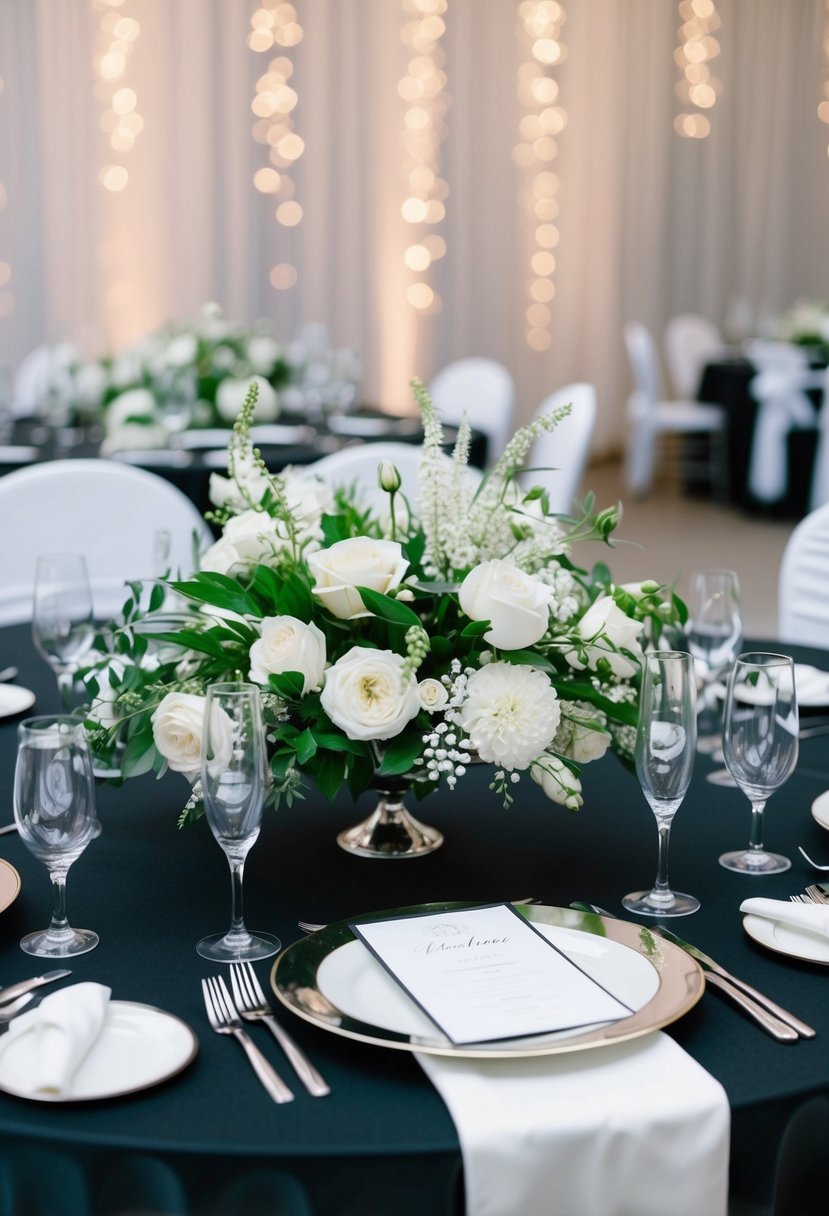 A sleek black wedding table adorned with elegant silver accents and delicate white flowers