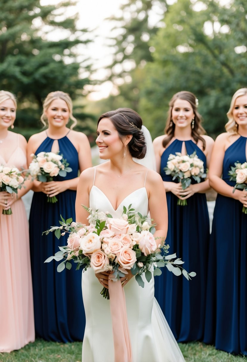 A rosy pink and navy blue wedding scene with floral centerpieces and bridesmaids' dresses