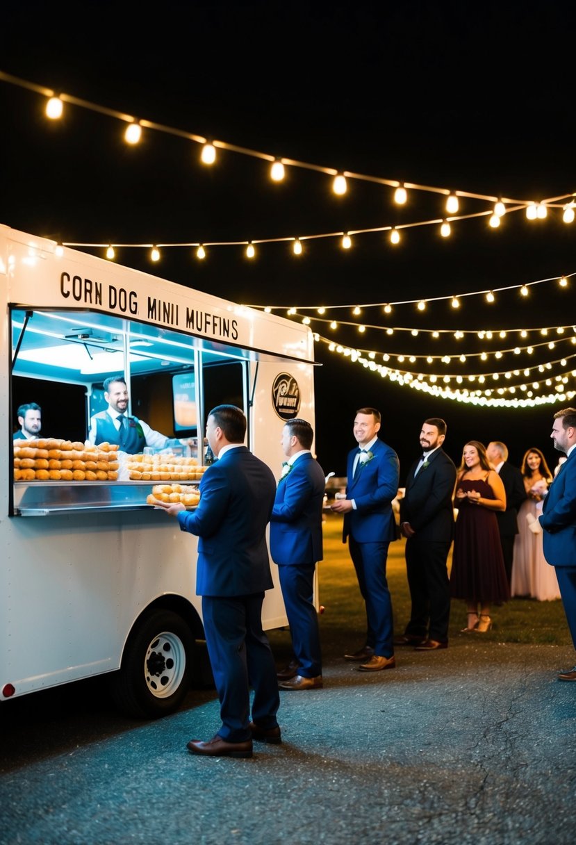 A food truck serving corn dog mini muffins at a late-night wedding. The truck is illuminated by string lights, with a line of guests waiting eagerly