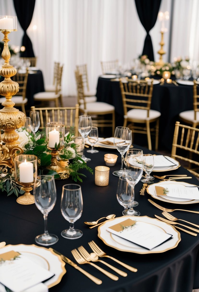 A regal black and gold wedding table setting with ornate centerpieces and elegant place settings