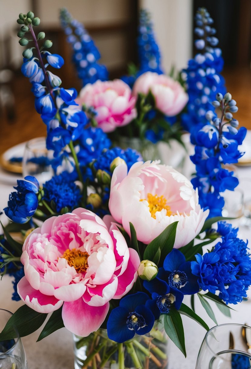 A table adorned with rosy pink peonies and navy blue delphiniums, creating a vibrant and elegant display for a wedding celebration