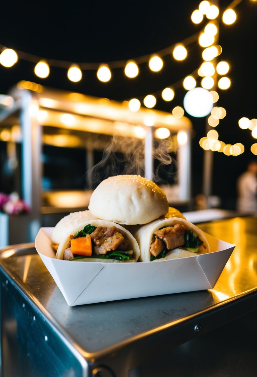 A food truck with steaming bao buns, filled with savory pork or vegetables, under the glow of late night wedding lights