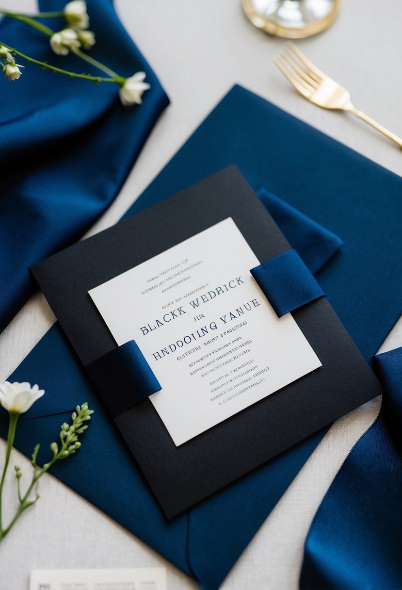 A sleek black wedding invitation adorned with deep navy blue highlights