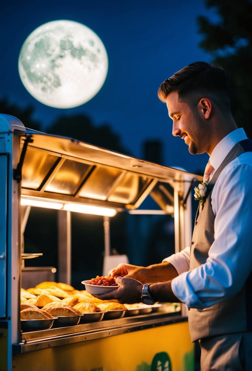 A food truck serving empanadas with spicy salsa under the moonlight at a late-night wedding