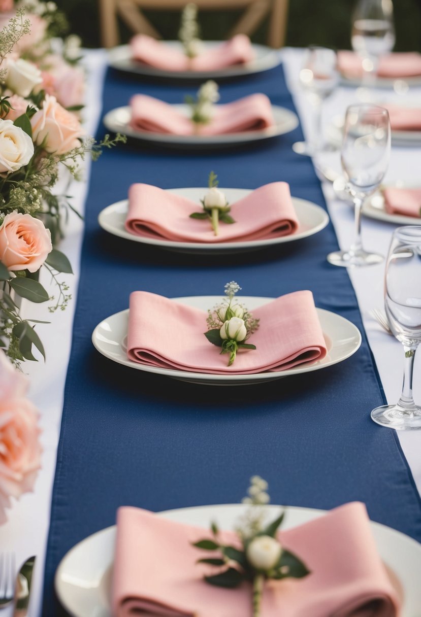 Navy blue table runners with rosy pink napkins on a wedding reception table